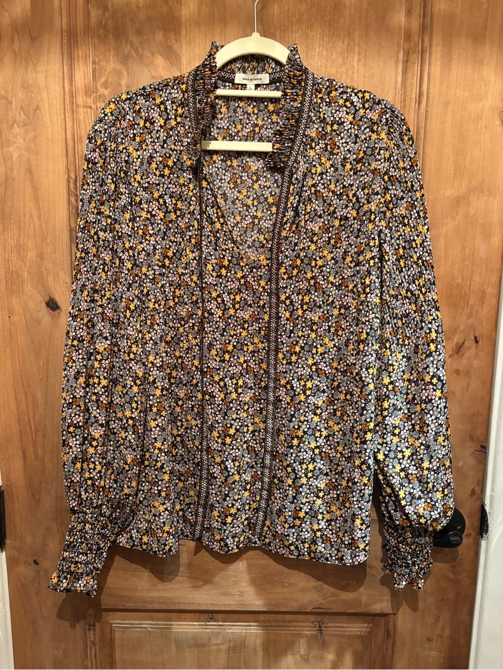 Max Studio Floral Smocked Neck Blouse - Black, Mustard & Cream